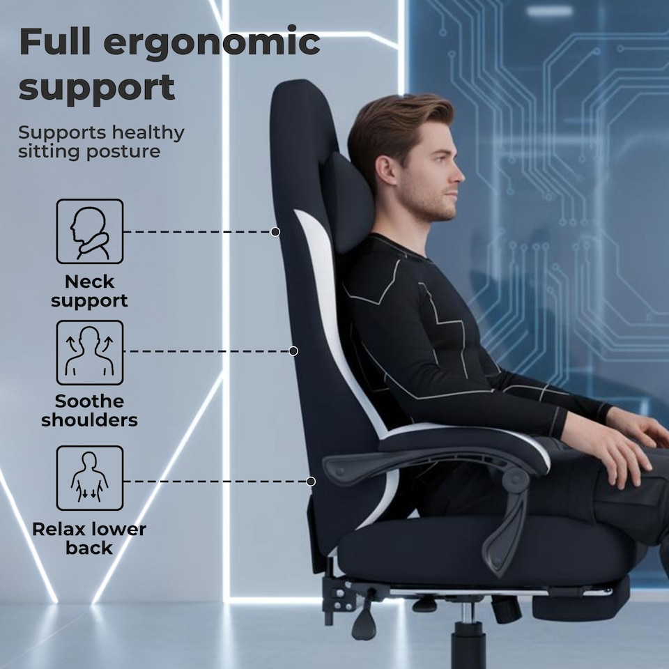 image 1 of Levede Office Desk Chair Fabric Gaming Recliner Adjustable Height Swivel | White | White | One Size