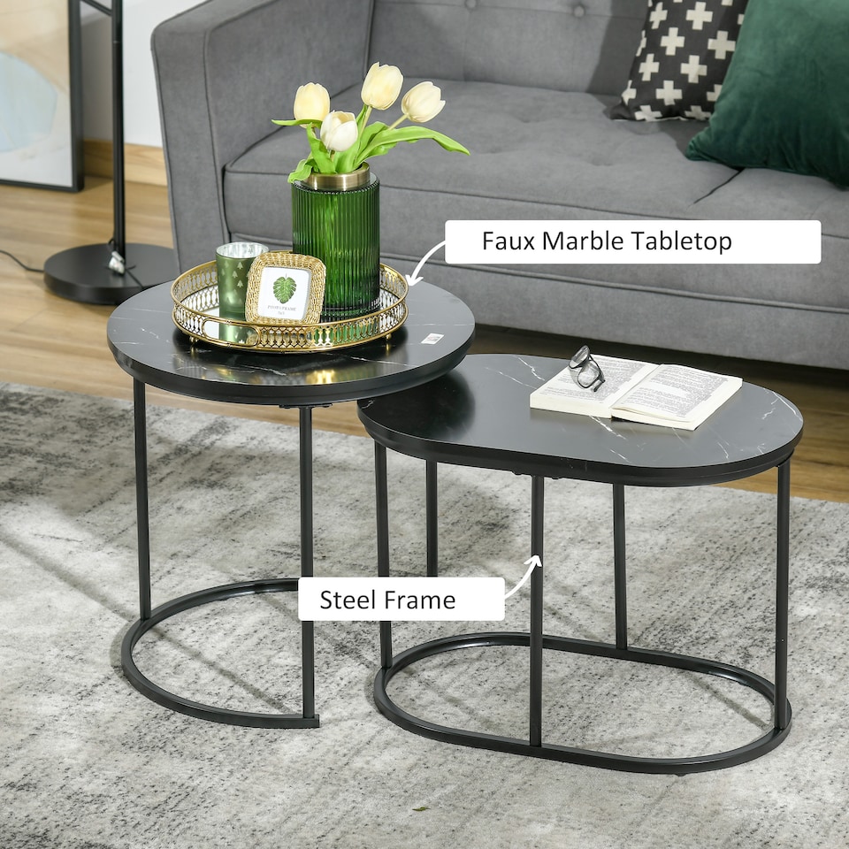 image 1 of HOMCOM Modern Coffee Table Set of 2, Nest of Tables with Steel Frame and Faux Marble Tabletop, Side Tables for Living Room Bedroom, Black