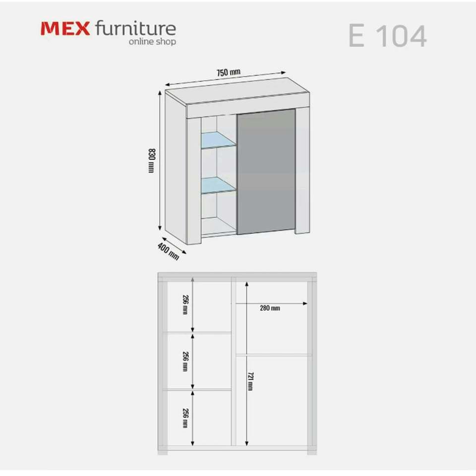 image 1 of Sideboard 75cm Grey Gloss Door Grey Matt Body Glass Shelves Free LED Grey