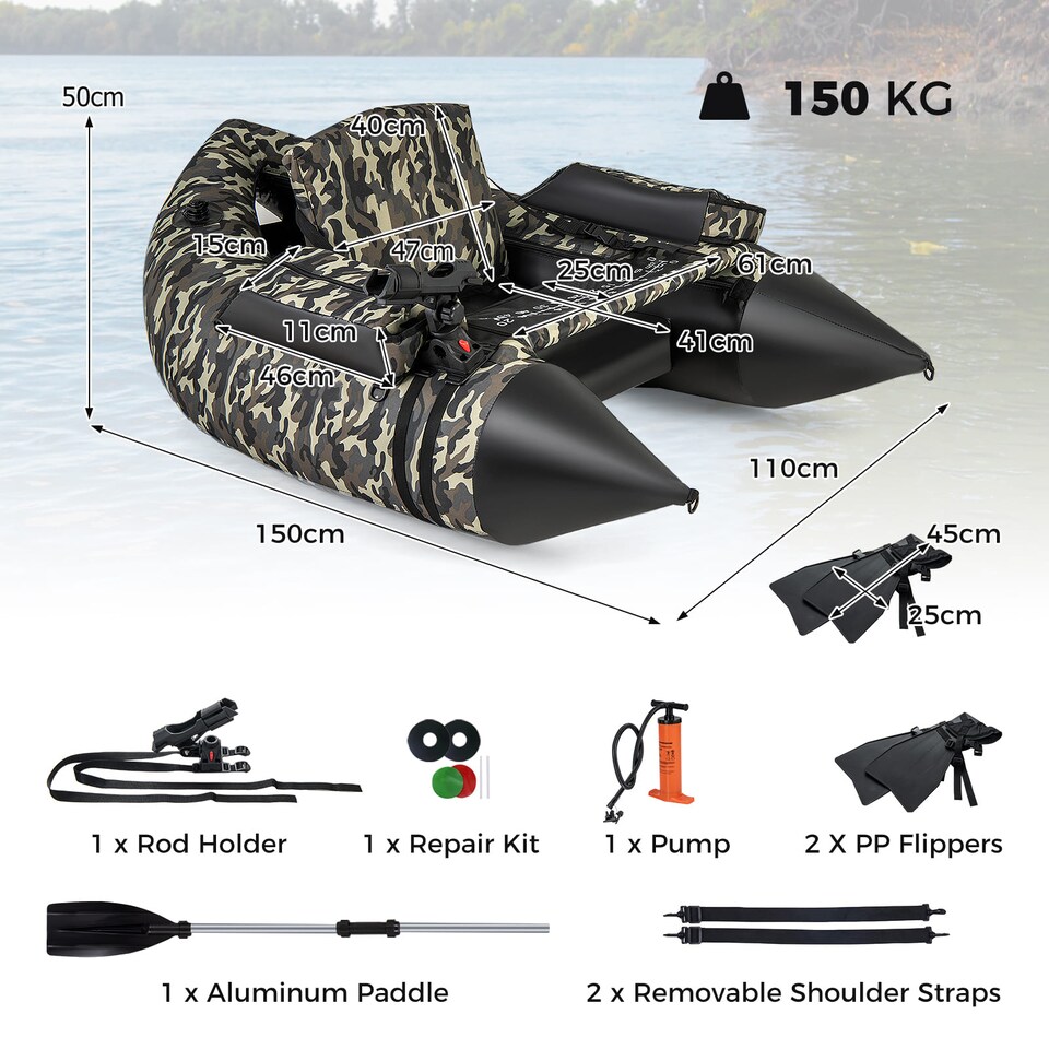 image 1 of COSTWAY Fishing Float Tube V-Shaped Inflatable Float Tube w/Rod Holder