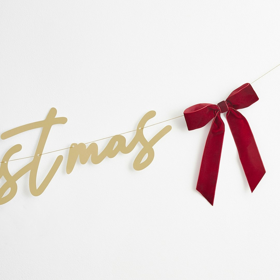 image 1 of Gold 'Merry Christmas' Card Banner With Velvet Bows 2m | Multi