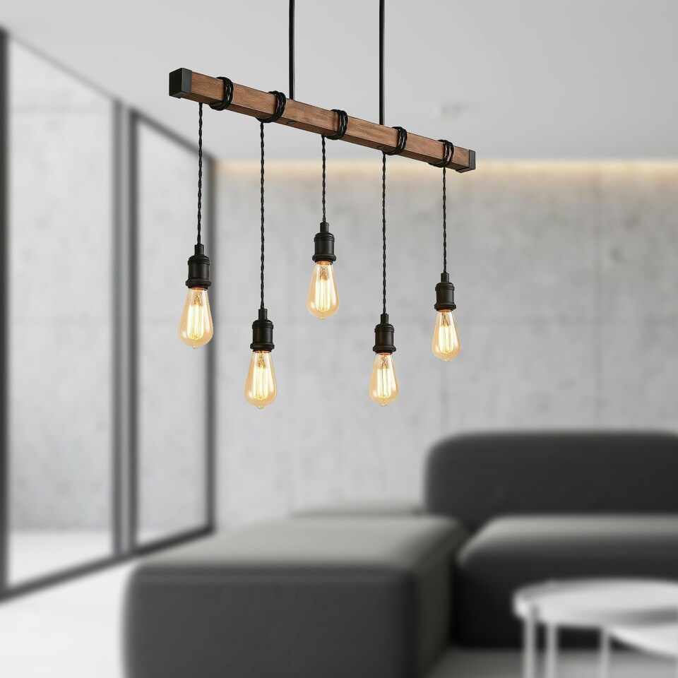 image 1 of Foxton - Wood 5 Light Hanging Bar Pendant Black | Brown
