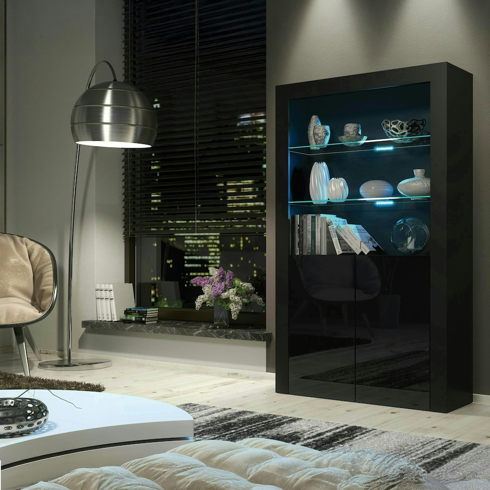 image 1 of Black Display Cabinet 100cm Gloss Doors Free LED Modern Tall Unit Black