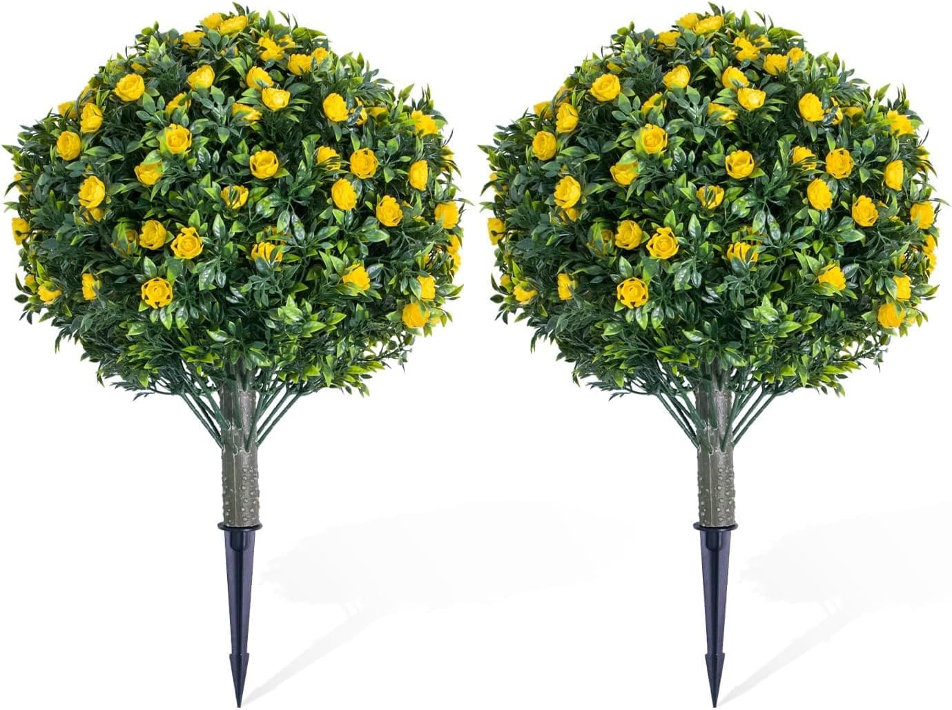 London Boutique Set of 2 UV-Resistant Artificial Topiary Trees with Yellow Camellia Flowers â 60cm Realistic PE Leaf Faux Plants, Weatherproof, Meta