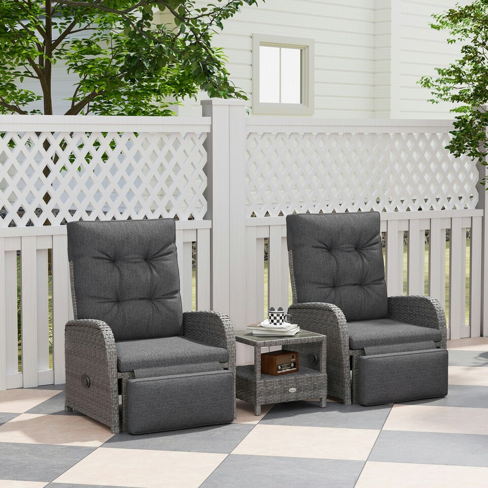 image 1 of Outsunny 3 Pieces Rattan Bistro Set with Cushions for Outdoor, Grey