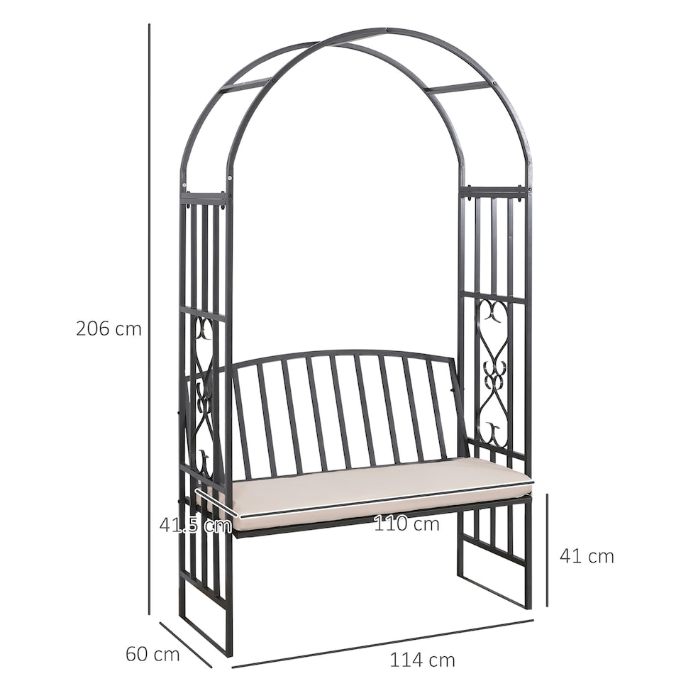 image 1 of Outsunny Garden Arbor Arch Metal Bench Padded Seat Outdoor Decoration