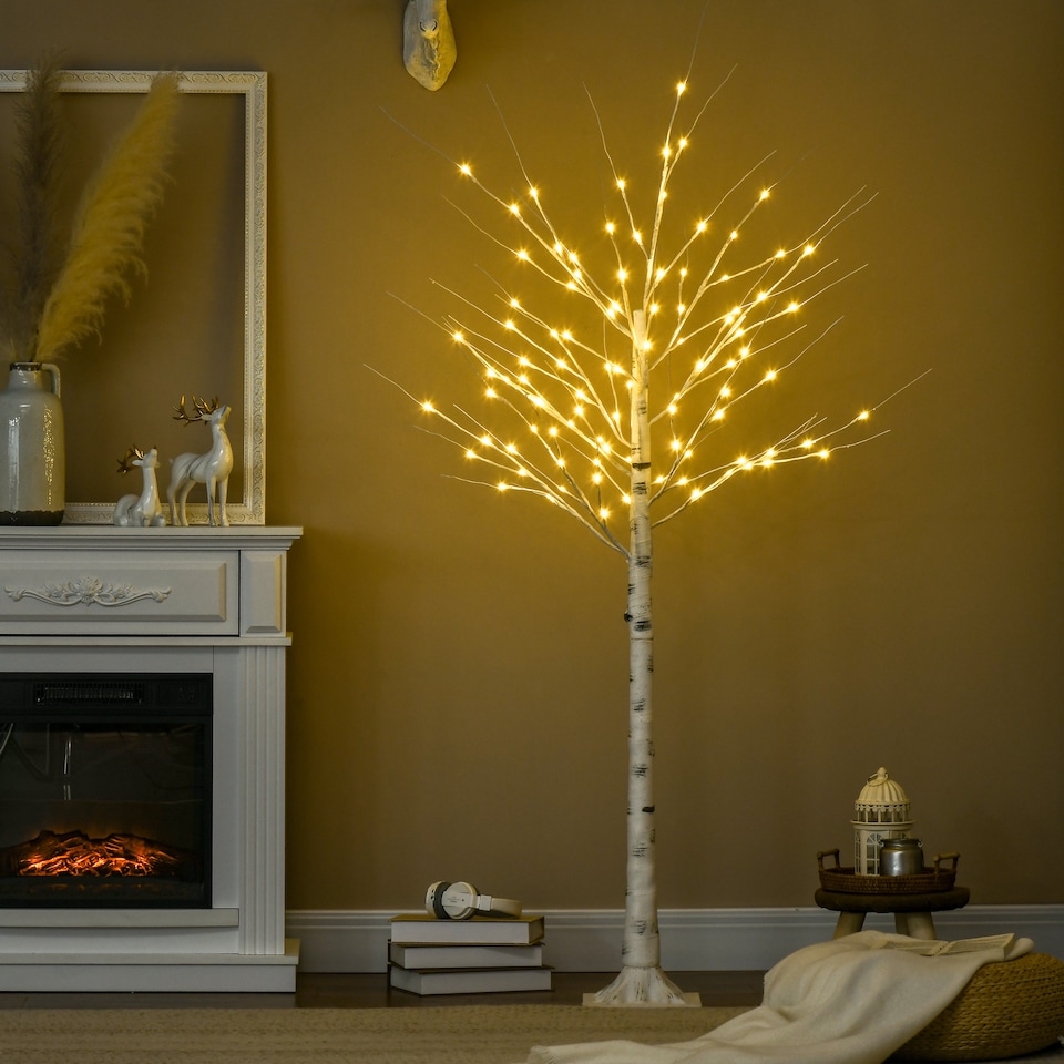 image 1 of HOMCOM 6ft Artificial White Birch Tree Light with Warm White Pre-Lit LED Light for Indoor and Covered Outdoor Use | White