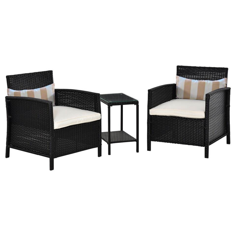 image 1 of Outsunny 3 Pieces Rattan Bistro Set, Wicker Garden Furniture Set, Glass Top 2 tier Coffee Table and Chairs Set with Pillows and Washable Cushions for Outdoor, Patio, Balcony, Black