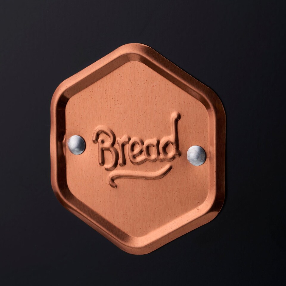 image 1 of Cooks Professional Bread Bin - Metal Food Storage Cannister with Nameplate | Black | Black & Copper