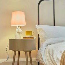 ValueLights Pair Of Gloss White And Gold Ceramic Unicorn Table Lamps With Pink Light Shades