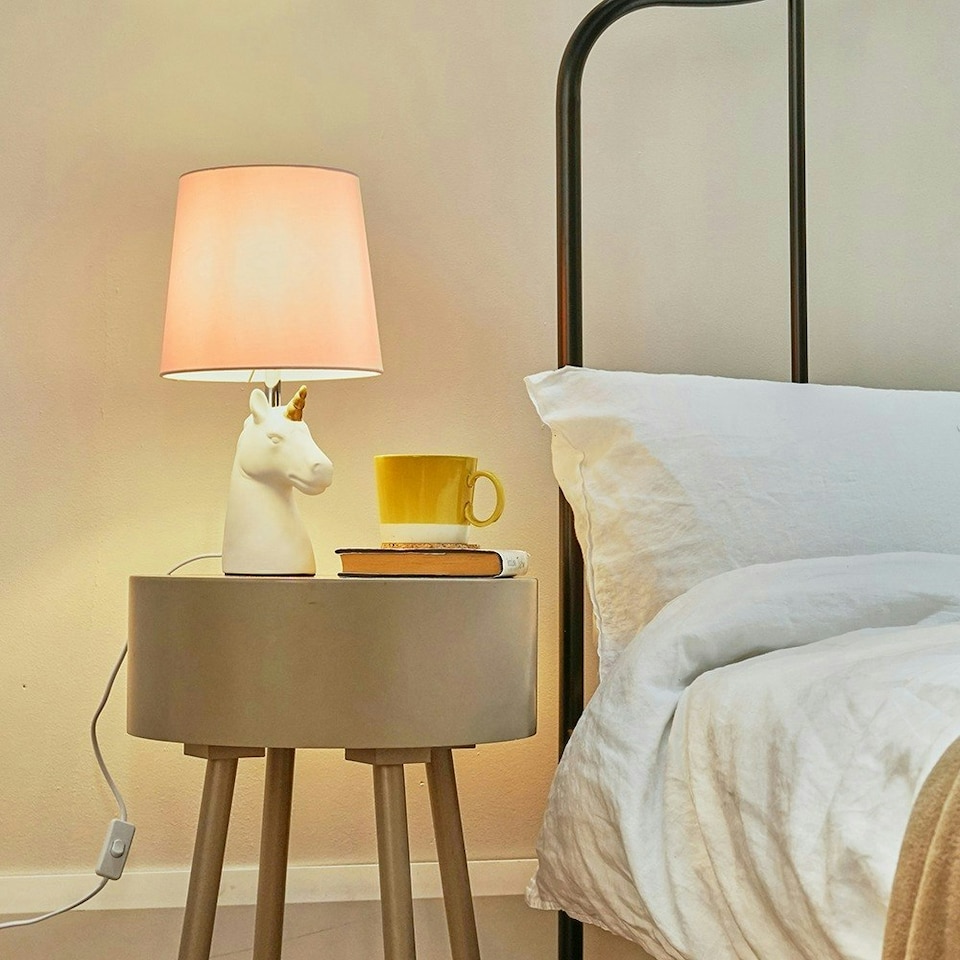 image 1 of ValueLights Pair Of Gloss White And Gold Ceramic Unicorn Table Lamps With Pink Light Shades