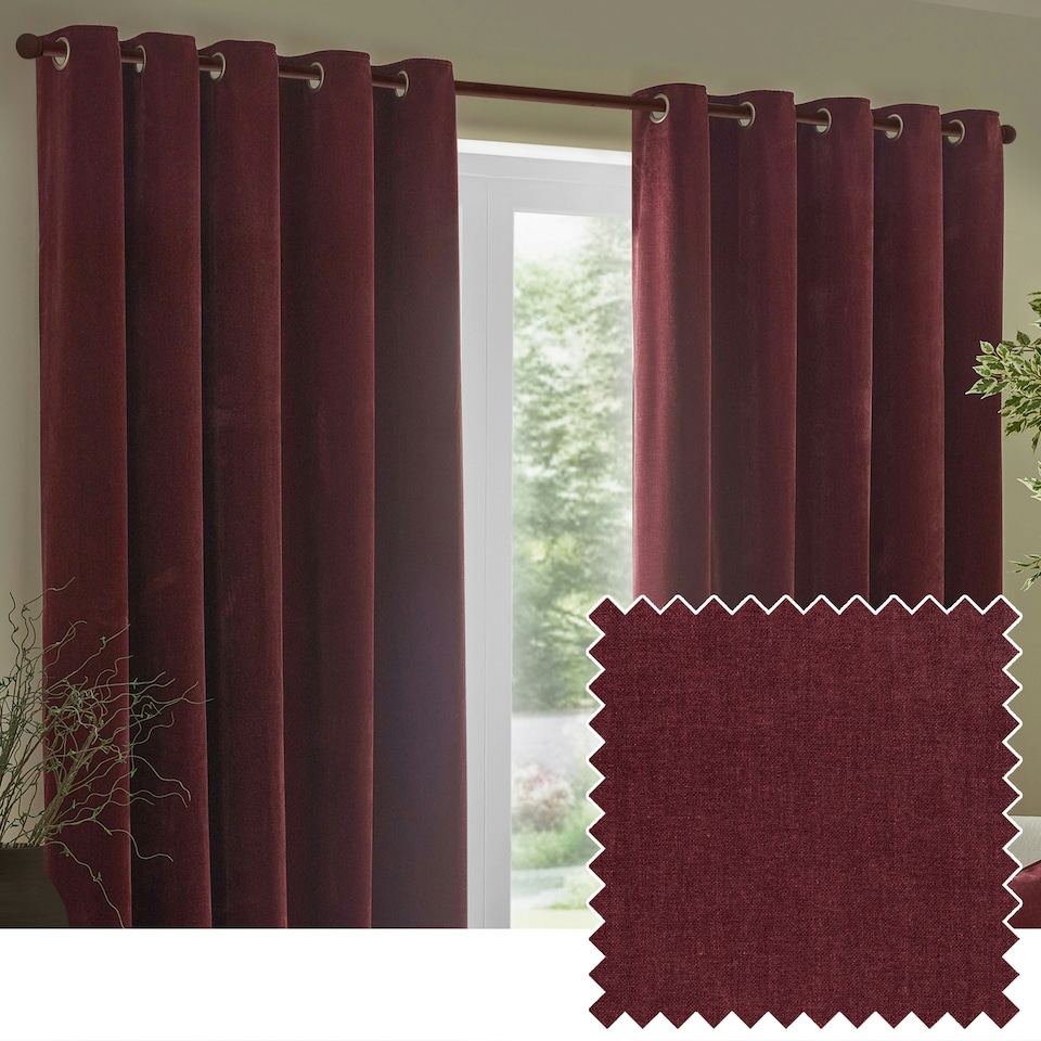image 1 of Yard Heavy Chenille Velvet Room Darkening Eyelet Curtains | Red