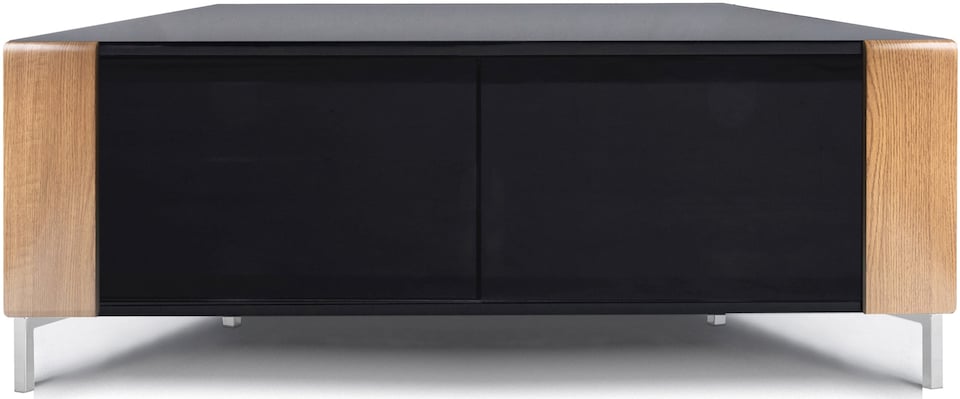 image 1 of MDA Designs CORVUS Corner-Friendly Gloss Black Contemporary Cabinet with Oak Profiles Black BeamThru Glass Doors Suitable for Flat Screen TVs up to 50" | Multi | 1