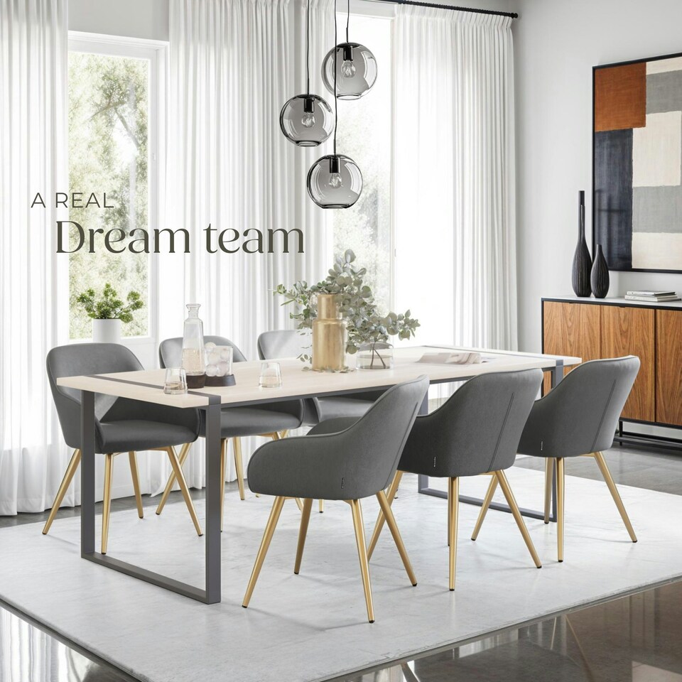 image 1 of Dining Chair Marilyn - corduroy look, upholstered, armchair, continuous backrest - Set of 2 Grey | Grey/Gold