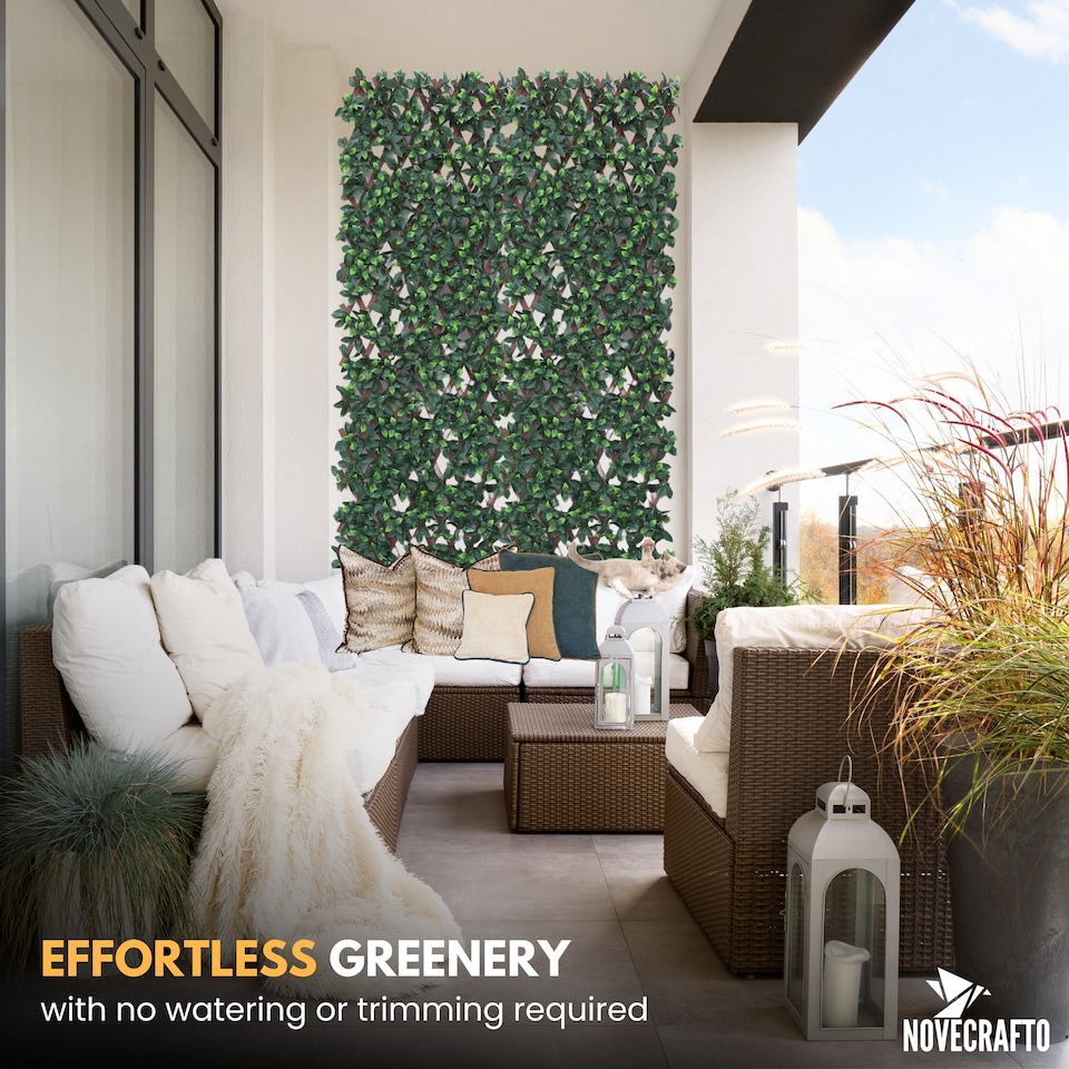 image 1 of Expanding Trellis With Artificial Leaves and Flowers - Ficus Leaf Garden Hedge Balcony Privacy Screening Panel | Green | Green | L | 1