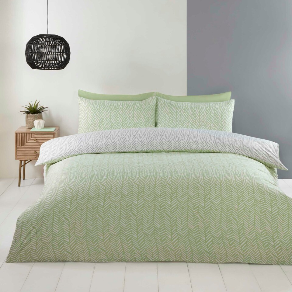 image 1 of Helston Reversible Duvet Cover Set with Pillowcase Bedding Green | Single