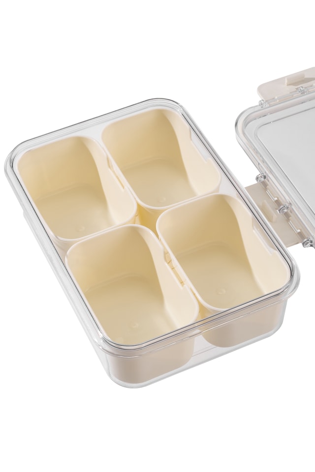 image 1 of Living and Home Food Storage Container with 4 Compartments for Fridge or Picnic,21cm W x 14cm D x 6cm H | White