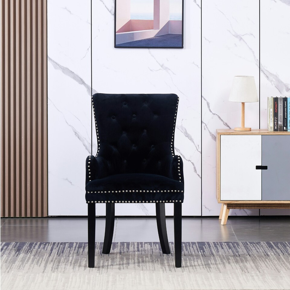 image 1 of Single Velvet Dining Chair with Armrest, Ergonomic Scoop Knockerback & Button Tufted Wood Legs Black