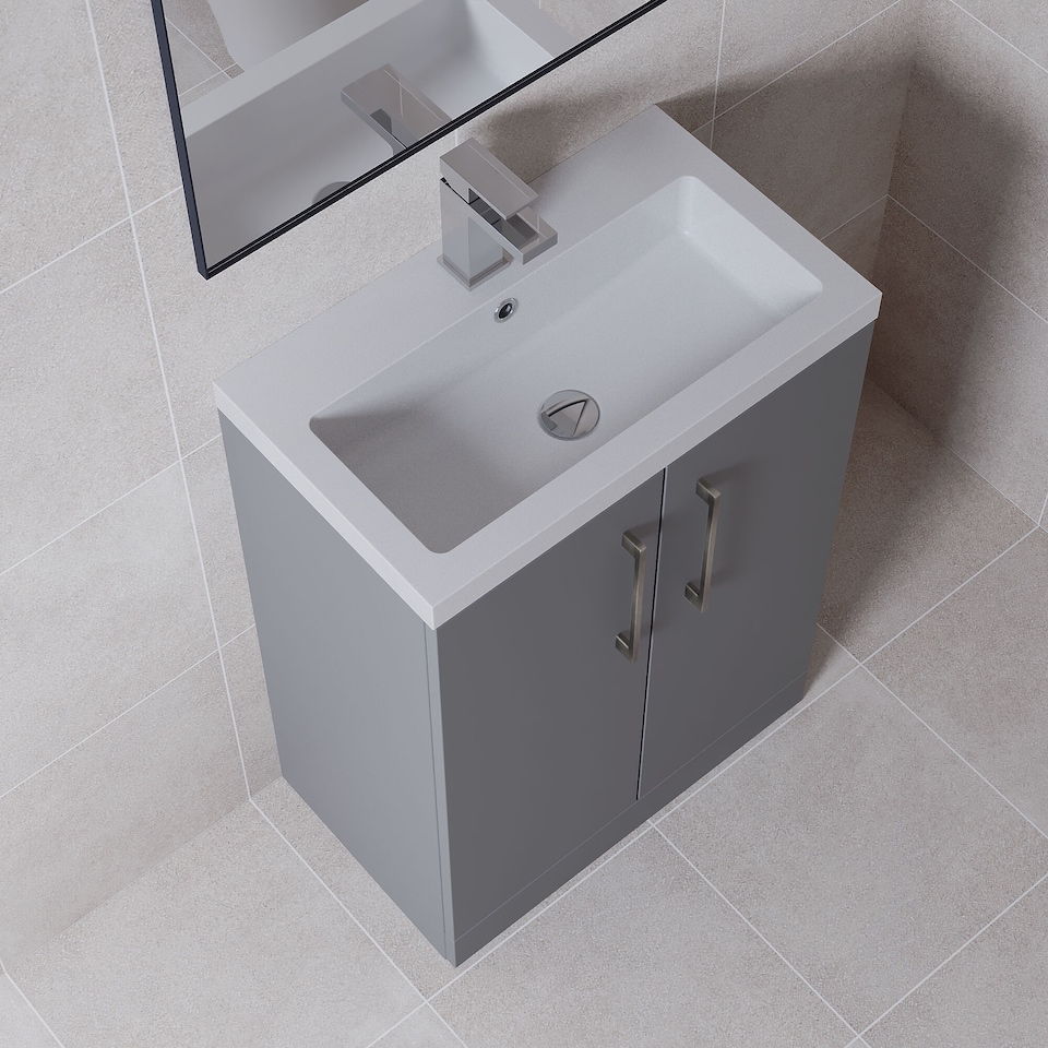 image 1 of Balterley Level Compact Bathroom Cloakroom Vanity Basin Unit with Polymarble Basin, Handles | Grey | Satin Grey | 840 x 605 x 360mm