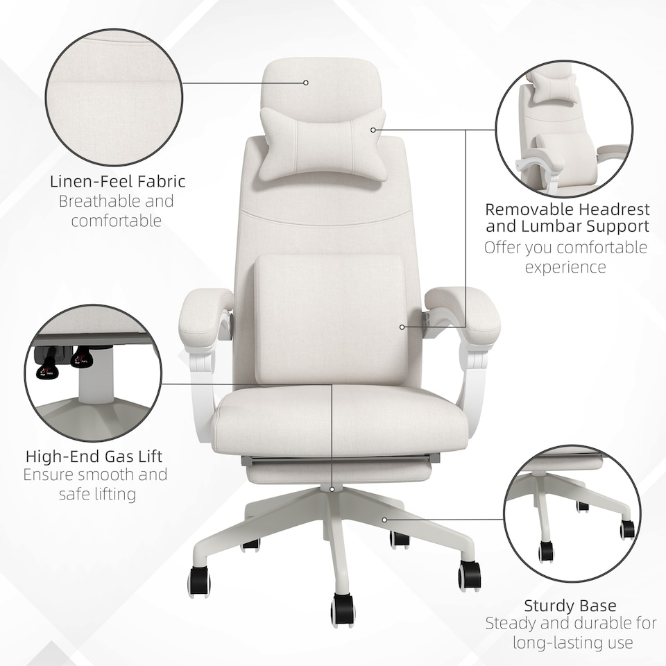 image 1 of Vinsetto Office Chair, Ergonomic Desk Chair, High Back Fabric Work Chair with 160 Reclining Backrest, Retractable Footrest, Neck and Lumbar Pillow for Home and Study, White