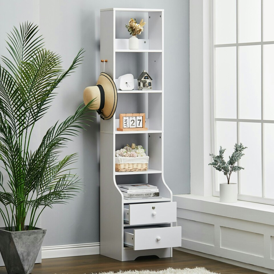 image 1 of Living and Home 5-Tier Slim Storage Shelving Unit with Lockable Drawer - White