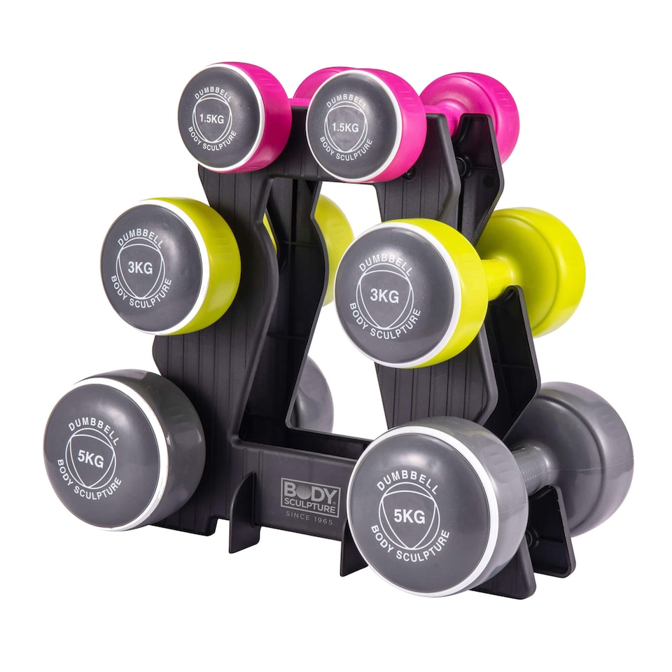 image 1 of Body Sculpture 19kg Neoprene Dumbbell Set with Storage Tower — 6 Colour-Coded Weights | Multi | MULTI-COLOUR | adult