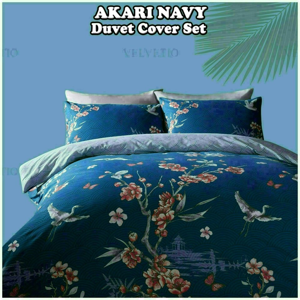 image 1 of Akari Floral Printed Duvet Cover Set Reversible Polycotton Beddings Blue | Single