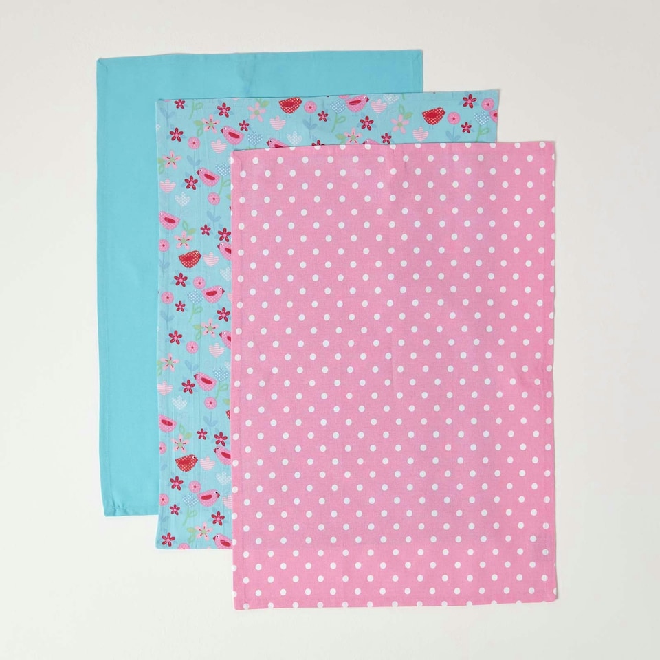 image 1 of Homescapes Cotton Birds and Flowers Pink Blue Tea Towels Set Of Three