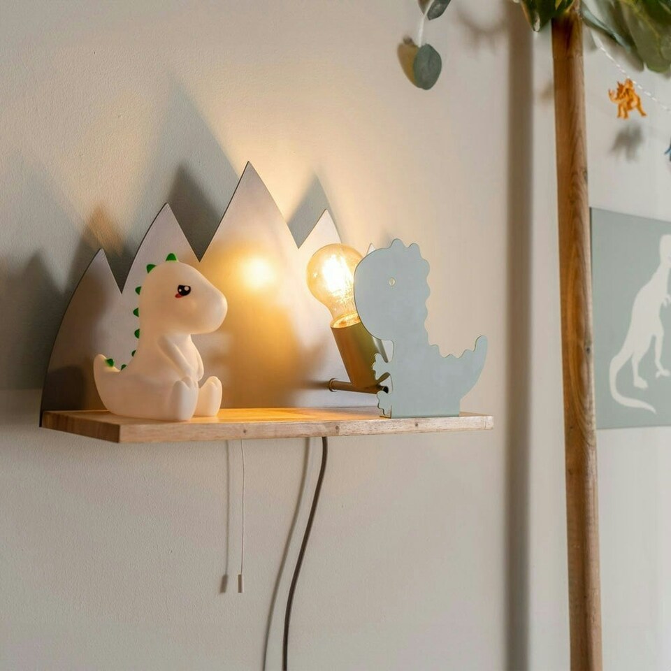 image 1 of ValueLights Kids Green and Grey Dinosaur Design Plug in Wall Light with Shelf and Pull Cord Switch - Including Bulb | Green