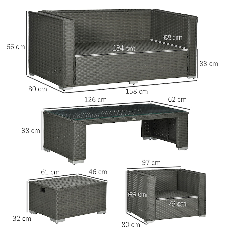 image 1 of Outsunny 6pc Garden Furniture Set Rattan Sofa Outdoor Wicker Table Ottoman Stool