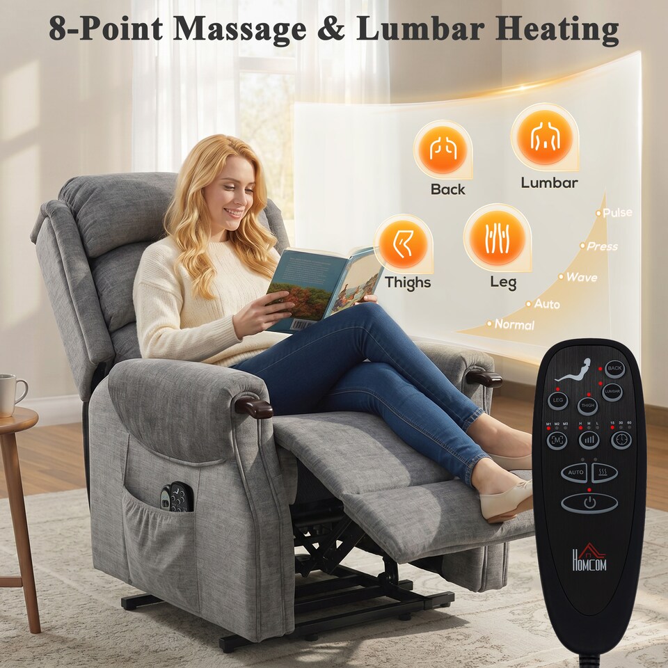 image 1 of HOMCOM Power Lift Recliner Chair with Vibration and Heat, Wood Grip