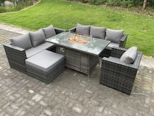 Fimous Outdoor Rattan Garden Furniture Sofa Set Gas Fire Pit Dining Table Gas Heater Burner With Armchair Big Footstool 8 Seater Dark Grey Mixed