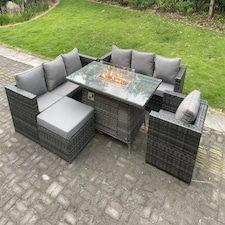 Fimous Outdoor Rattan Garden Furniture Sofa Set Gas Fire Pit Dining Table Gas Heater Burner With Armchair Big Footstool 8 Seater Dark Grey Mixed