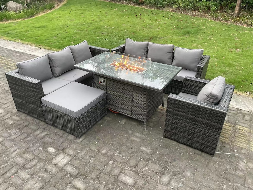 image 1 of Fimous Outdoor Rattan Garden Furniture Sofa Set Gas Fire Pit Dining Table Gas Heater Burner With Armchair Big Footstool 8 Seater Dark Grey Mixed
