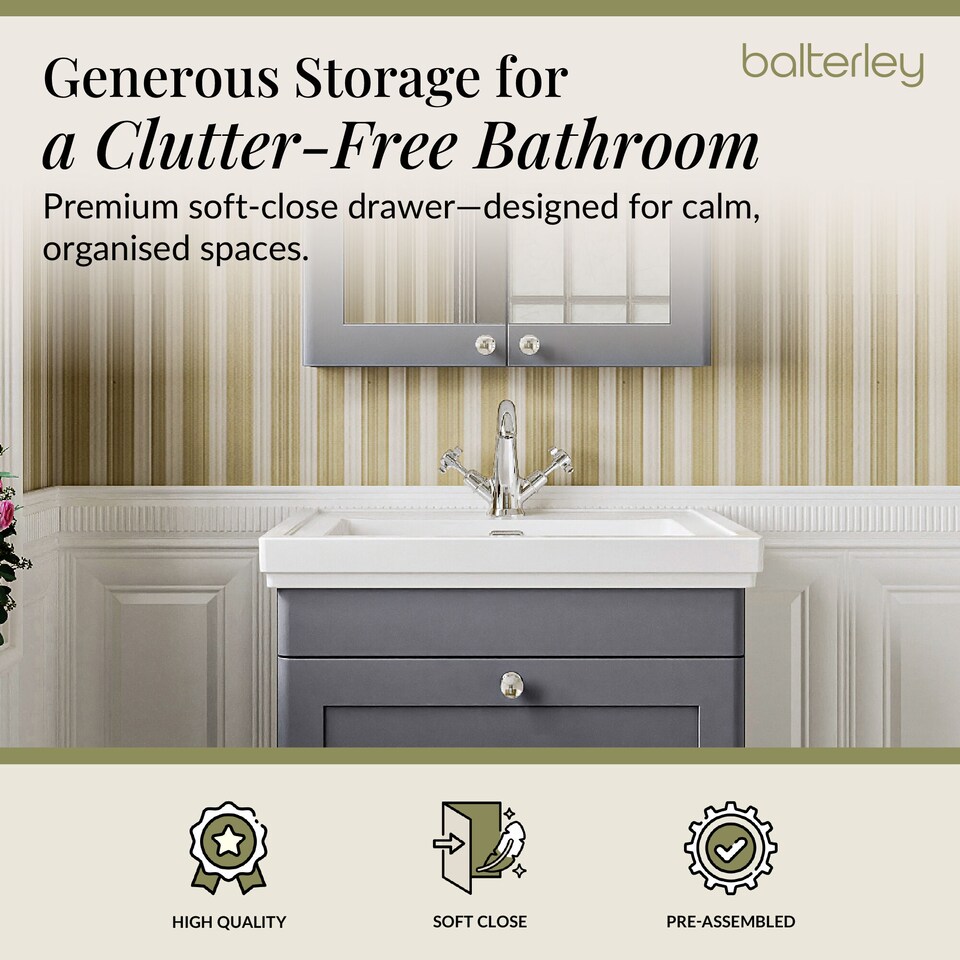 image 1 of Balterley Classic Traditional Bathroom Wall Hung 1-Drawer Vanity Unit & Fireclay Basin | Grey | Satin Grey