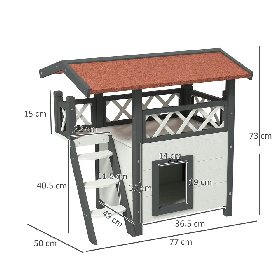 image 1 of PawHut Outdoor Cat House w/ Balcony Stairs Roof, White