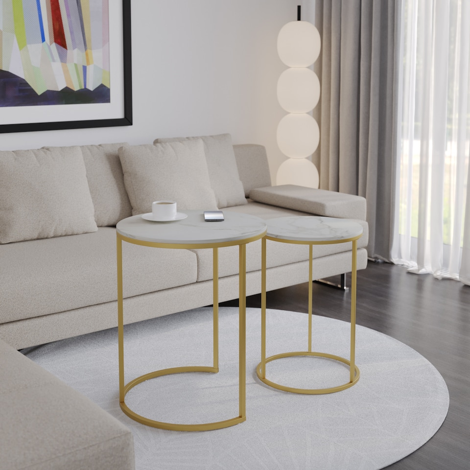image 1 of 2Pc Round Nesting Stackable Sofa Side Bedside End Table Set Wood Top Metal Legs | Multi | White Marble Top with Gold Legs