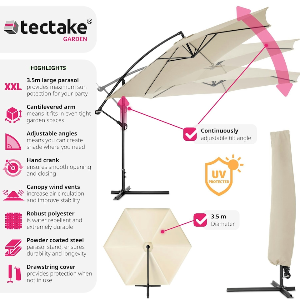 image 1 of Parasol Ciccio - 350 cm, cantilever garden shade, adjustable tilt angle, with protective cover Cream | Beige