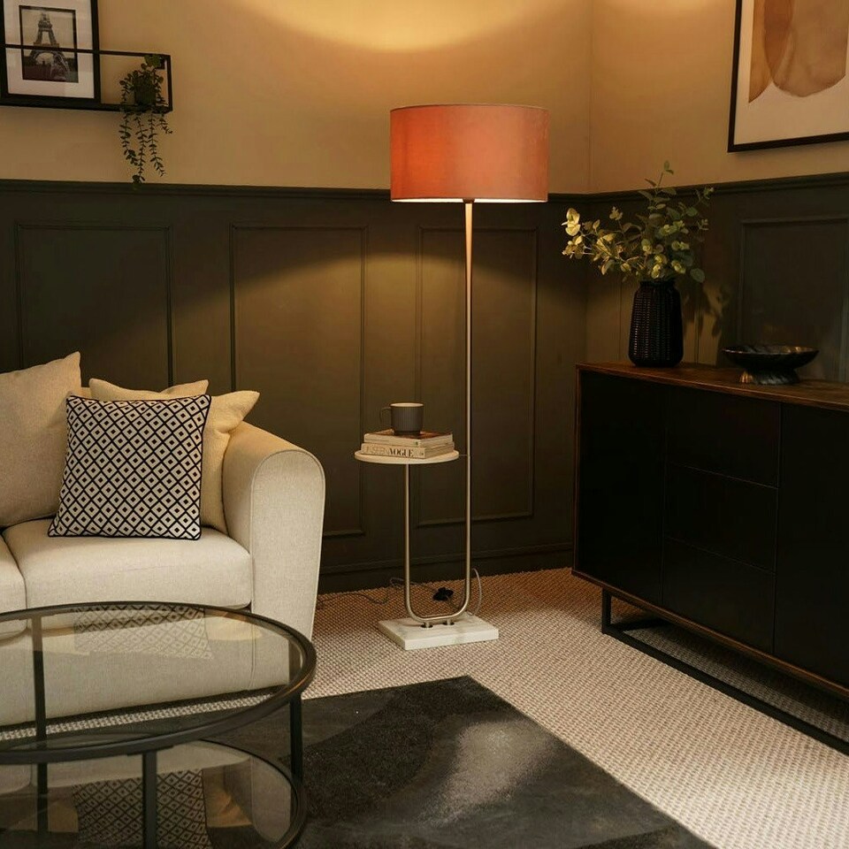 image 1 of ValueLights Large Brushed Chrome Curved Stem Marble Floor Lamp Coffee Table Standing Light - Blush Pink Velvet Shade + LED Bulb