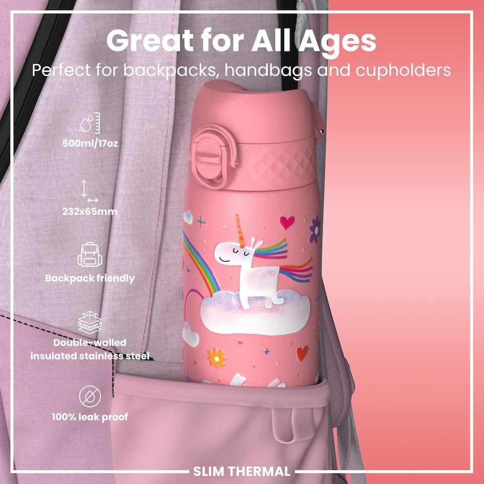 image 1 of Leak Proof Slim Water Bottle, Vacuum Insulated, 500ml (17oz) | Pink | Unicorn Rainbows | One Size