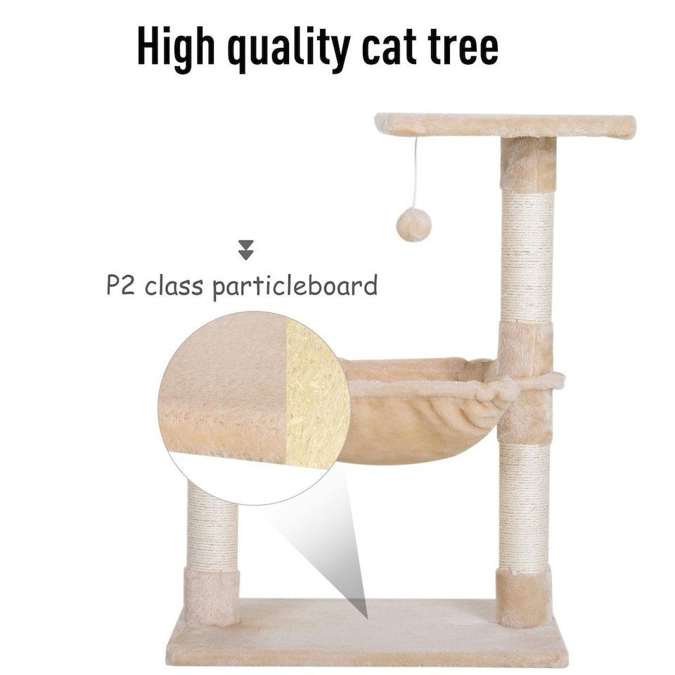 image 1 of PawHut Cat Tree Scratch Post with Bed Hammock Sisal for Indoor Cats Beige