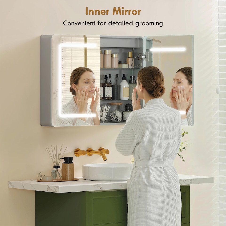 image 1 of HOMCOM 60 x 80 cm LED Bathroom Mirror Cabinet with Double-Sided Mirrors | Silver | Silver | 80W x 13.5D x 60H cm