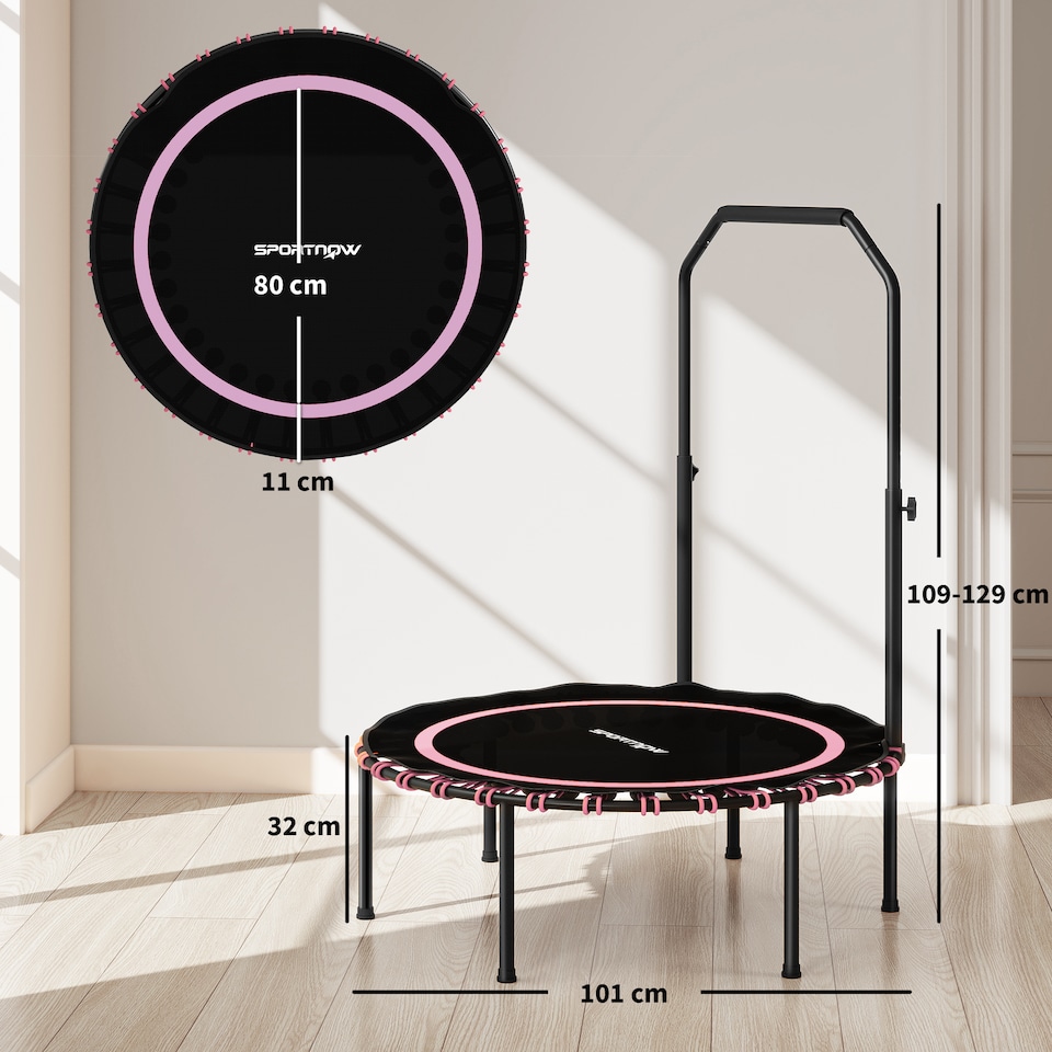 image 1 of SPORTNOW 40'' Foldable Fitness Trampoline Rebounder with Handle, Pink | Pink