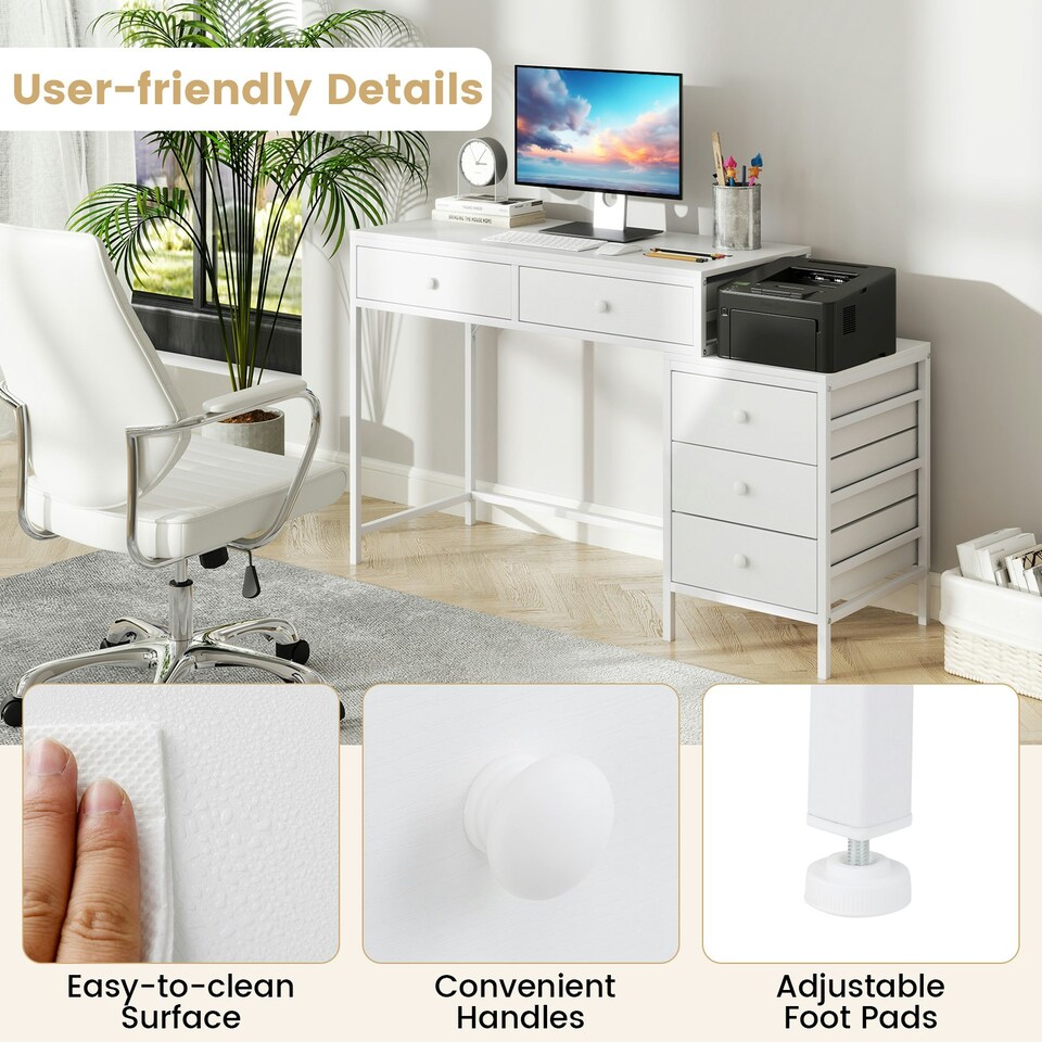 image 1 of COSTWAY Computer Desk with 5 Drawers and Side File Cabinet White White