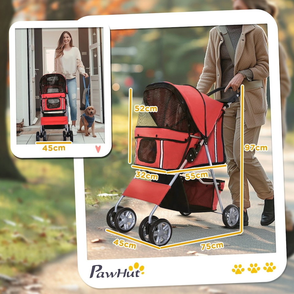 image 1 of PawHut Pet Stroller Carrier Foldable Deluxe Jogger Walk Travel Dog Cat Red