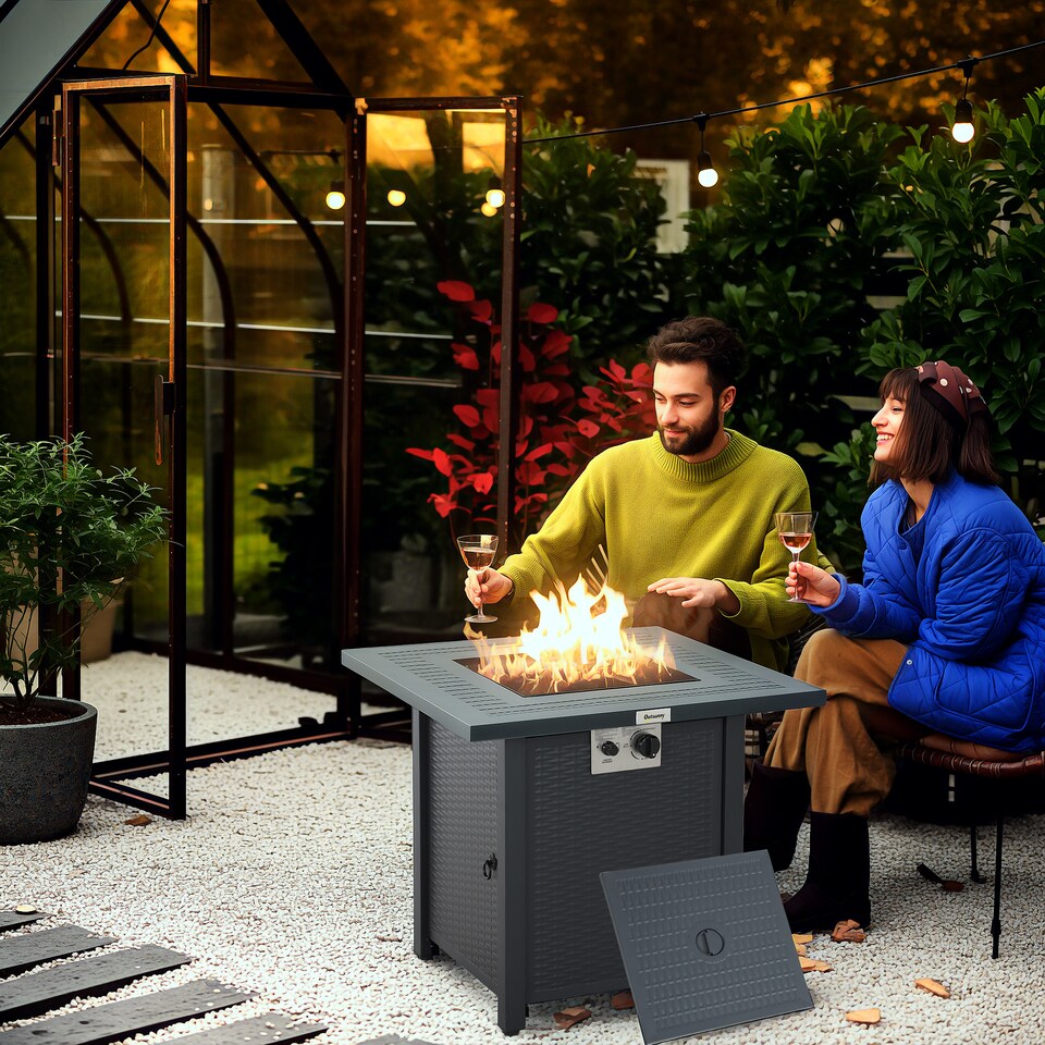 image 1 of Outsunny Outdoor Square Fire Pit Table w/ Lid and Lava Rocks Dark Grey