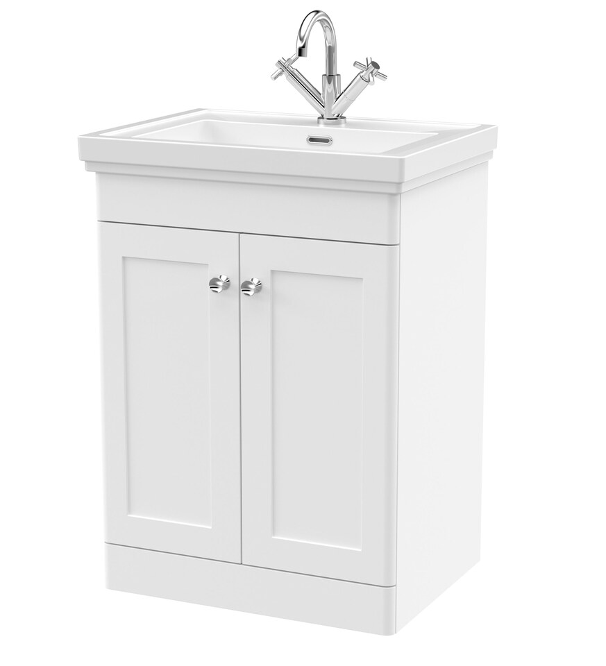 image 1 of Balterley Classic Traditional Bathroom Floor Standing 2-Door Vanity Unit & Fireclay Basin | White | Satin White