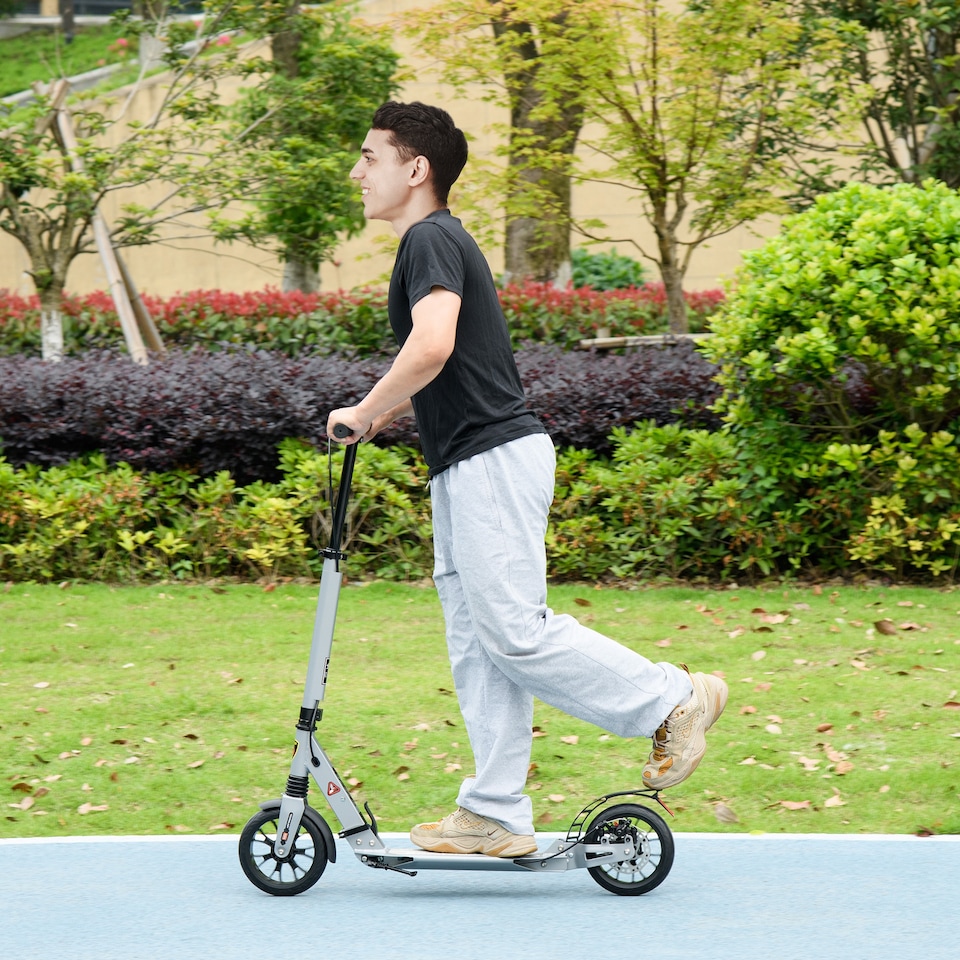 image 1 of HOMCOM Adult Teens Kick Scooter Foldable Height Adjustable Aluminium Ride On Toy for 14 older with Rear Wheel & Hand Brake, 200mm Big Wheels, Shock Mitigation System - Silver