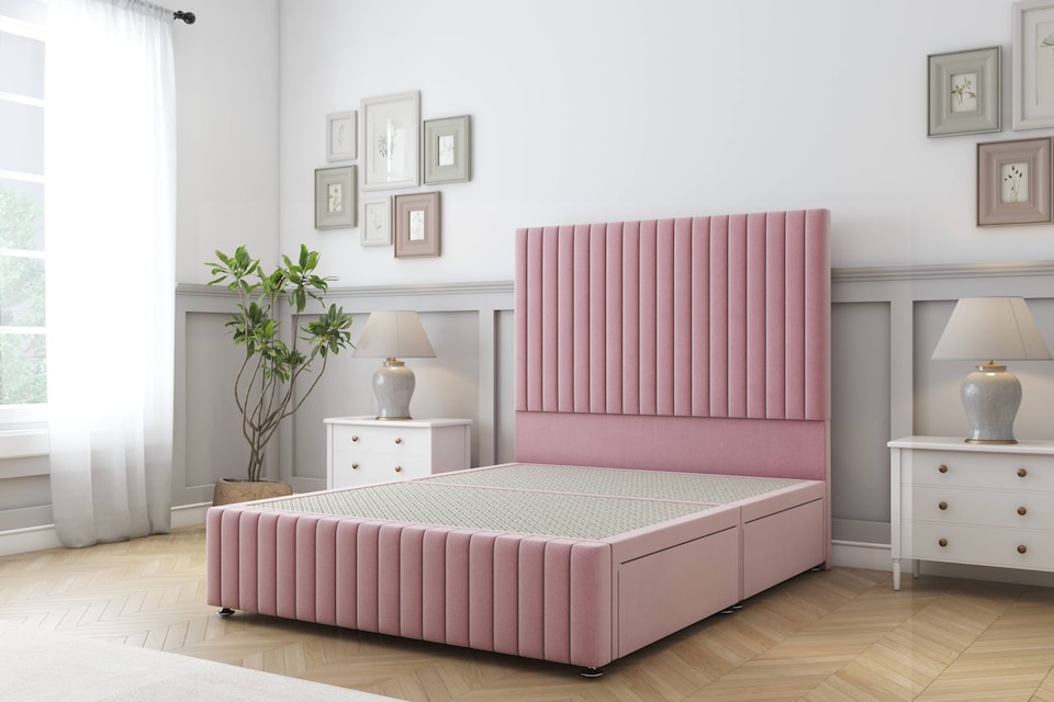 image 1 of Sloomy Madison Pink Plush Divan Bed Base 2 Drawers Left Side With 54 Inch Floor Standing Headboard & 12 Inch Matching Footboard | Pink | Pink | Small Double | 1