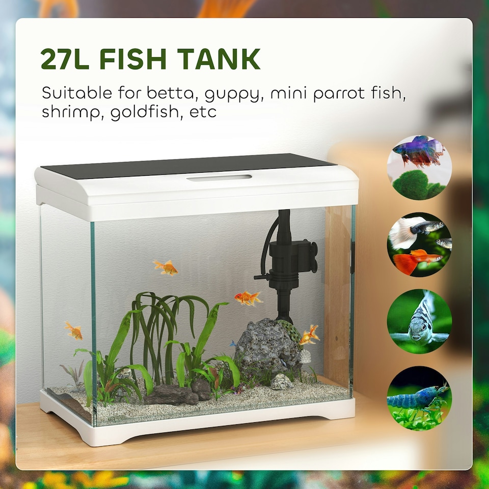 image 1 of PawHut 27L Glass Fish Tank with Filter System, LED Light, Water Pump, White
